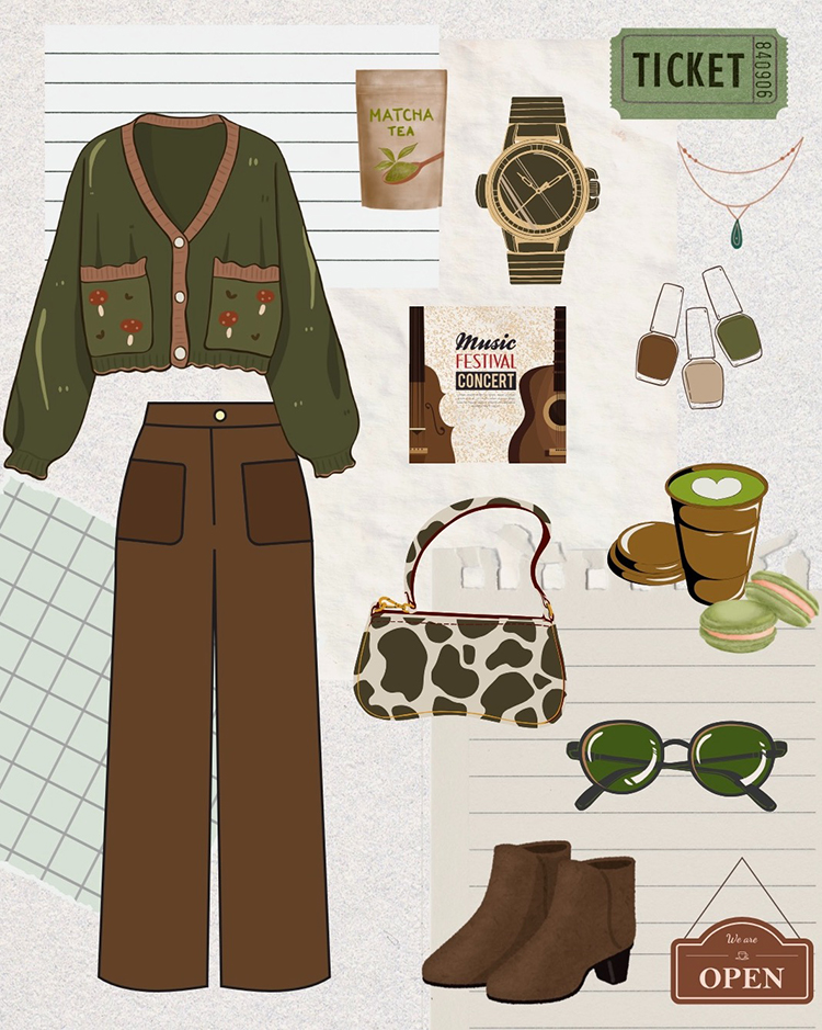look automne vert sauge avec cardigan à champignons, pantalon brun et tasse de matcha.