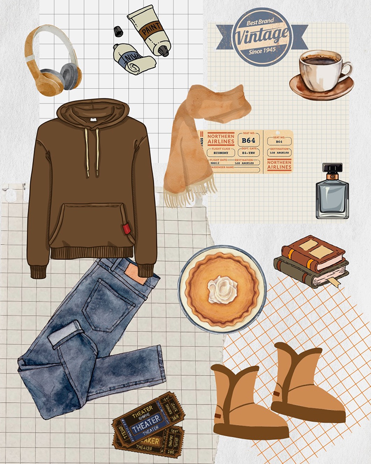 Illustration d’un look automne vintage avec hoodie brun, jean droit, boots fourrées et tasse de café.