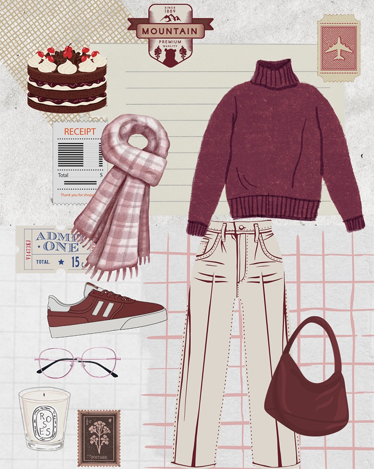 illustration look automne bordeaux avec pull col roulé, pantalon crème, écharpe à carreaux et sneakers rétro.