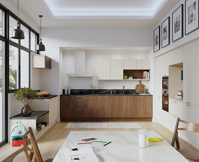 Cuisine contemporaine lumineuse avec îlot central, façades bois et blanches, grandes baies vitrées et espace repas intégré.