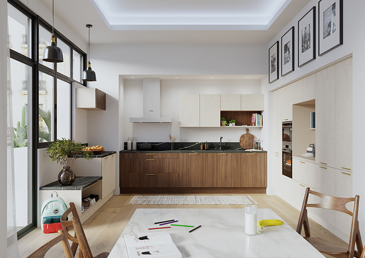 Cuisine contemporaine lumineuse avec îlot central, façades bois et blanches, grandes baies vitrées et espace repas intégré.