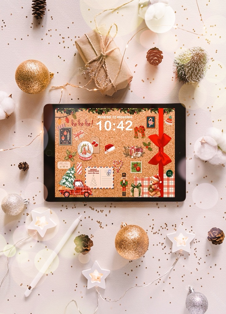 Fond d’écran iPad Noël décoratif avec stickers festifs et ambiance cosy