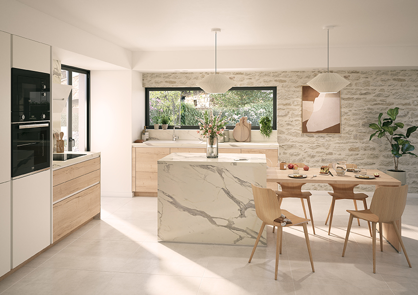 Cuisine équipée moderne ixina avec îlot central et espace repas convivial